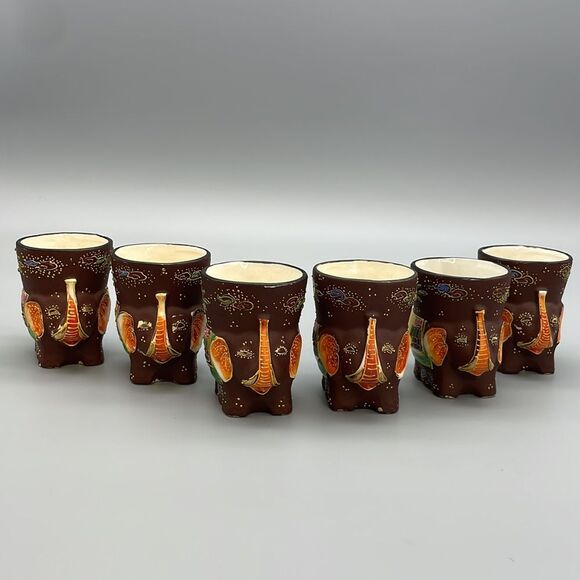 1920s Japanese Satsuma 6 Elephant Tea Cups Hand Painted Porcelain Figurine - Picture 2 of 15